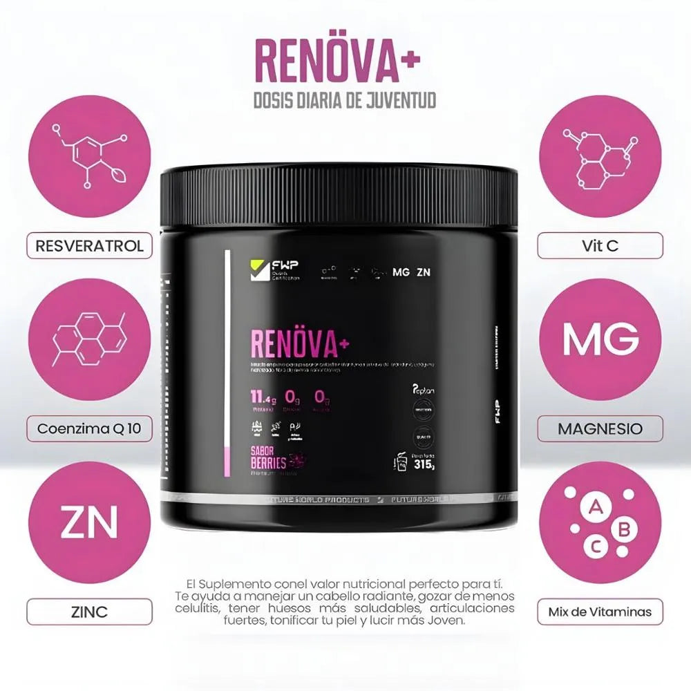RENÖVA+ COLÁGENO HIDROLIZADO con Biopéptidos Activos Piel Firme, Cabello y Uñas